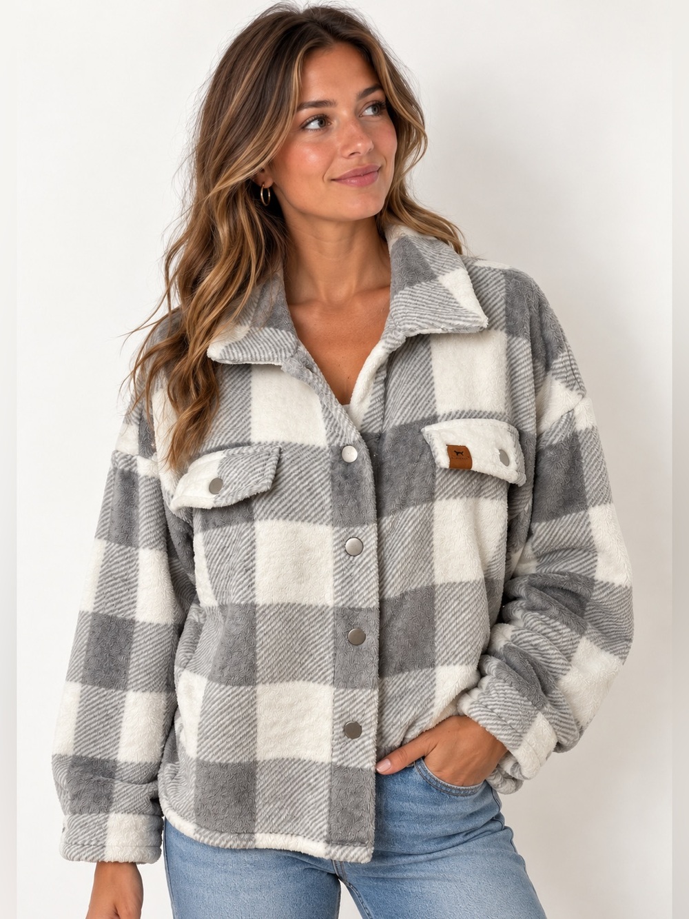 NWT Simply Southern Gray White Plaid Fleece Shacket Jacket -Large